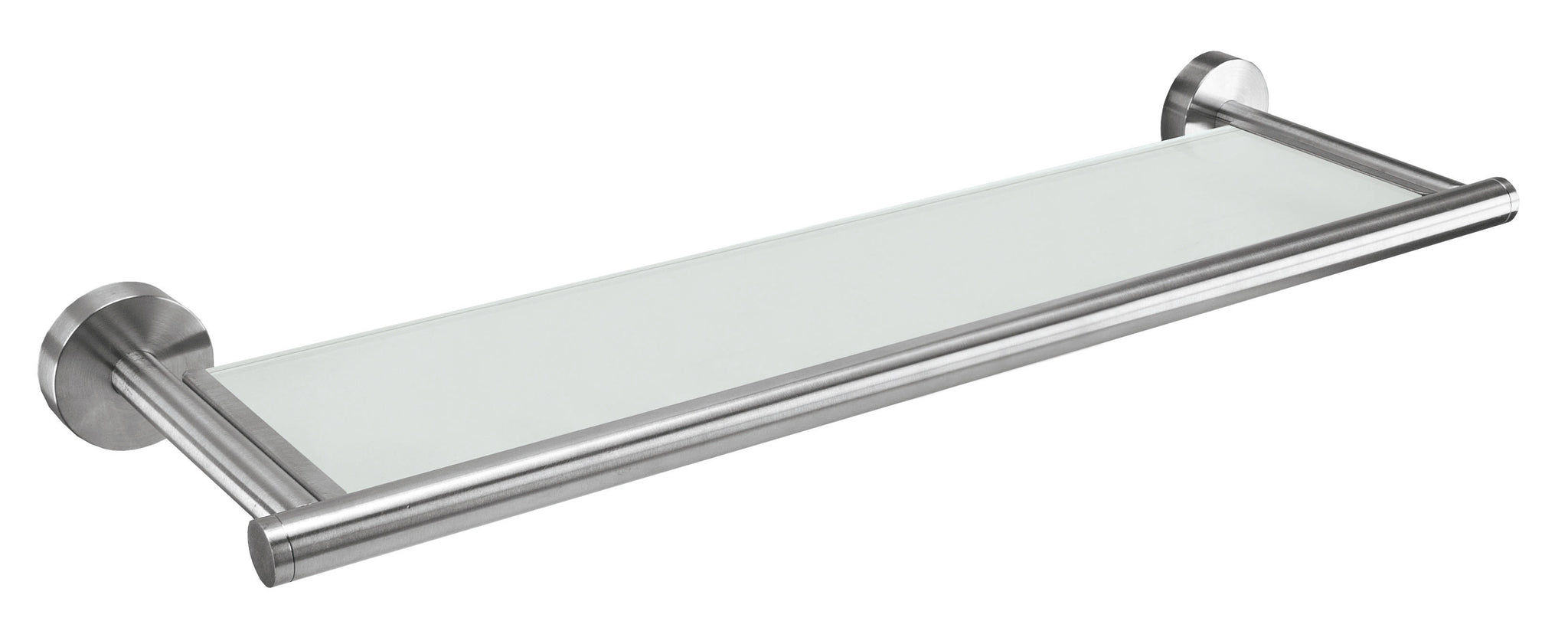 Die Glasablage ALLEGRA Milky mit satiniertem Glas und Metallhaltern ist frontal abgebildet.