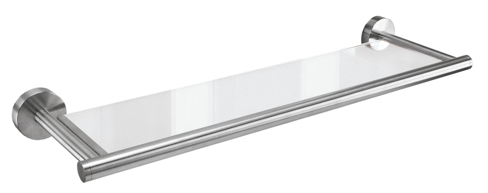 Glasablage ALLEGRA Clear aus klarem Glas mit Halterungen aus Edelstahl an der Wand montiert.