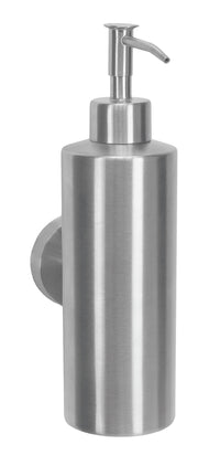 Der Wand-Seifenspender ALLEGRA Chrom ist aus Edelstahl in zylindrischer Form mit Pumpkopf zu sehen.