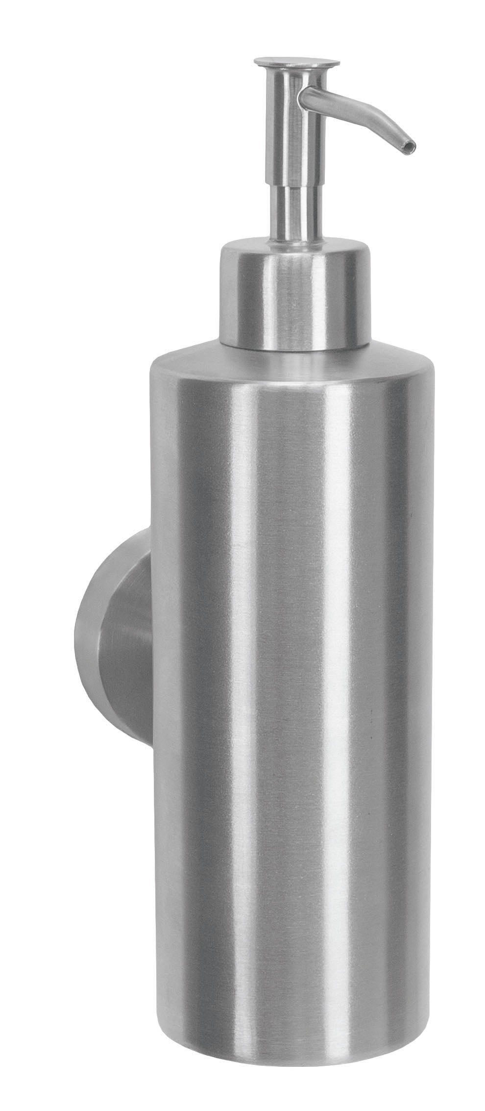 Der Wand-Seifenspender ALLEGRA Chrom ist aus Edelstahl in zylindrischer Form mit Pumpkopf zu sehen.