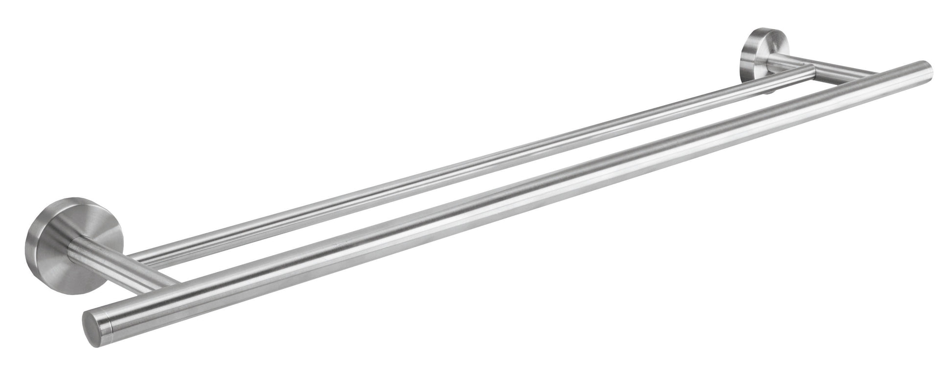Doppel-Handtuchstange ALLEGRA in Chromfarben ist schräg von der Seite vor weißem Hintergrund zu sehen.