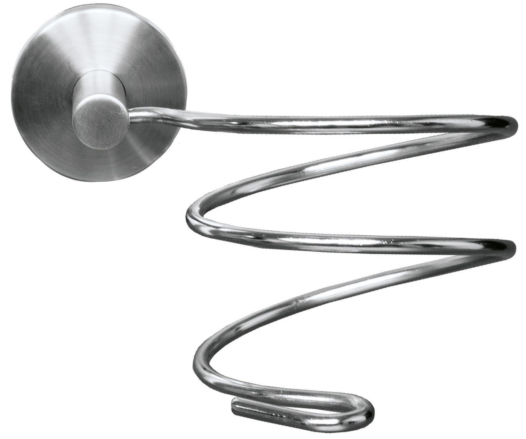 Der Fönhalter ALLEGRA in Chromfarben ist spiralförmig an einer Wandhalterung befestigt.