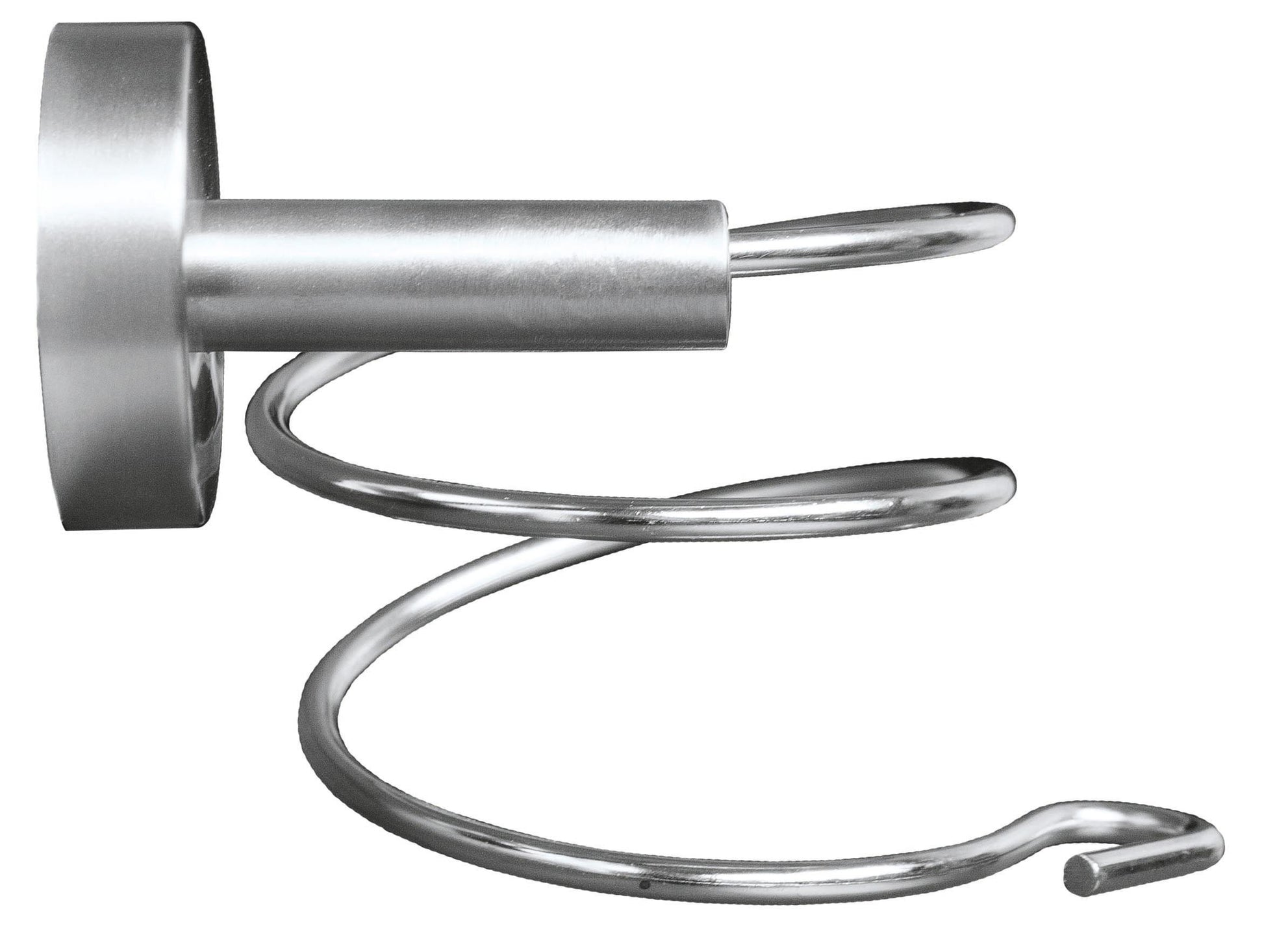 Fönhalter ALLEGRA aus chromfarbenem Metall in Spiralform vor weißem Hintergrund.