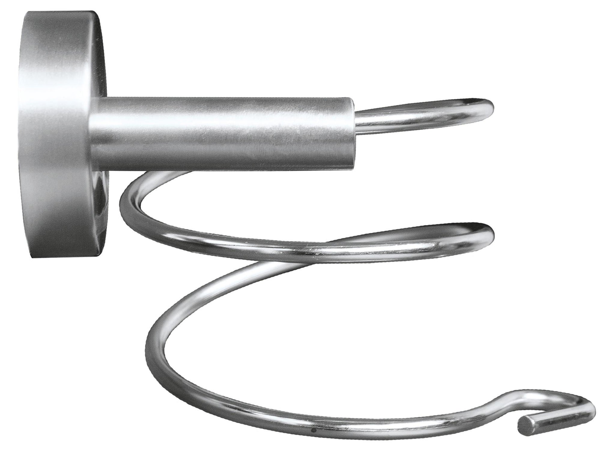 Fönhalter ALLEGRA aus chromfarbenem Metall in Spiralform vor weißem Hintergrund.