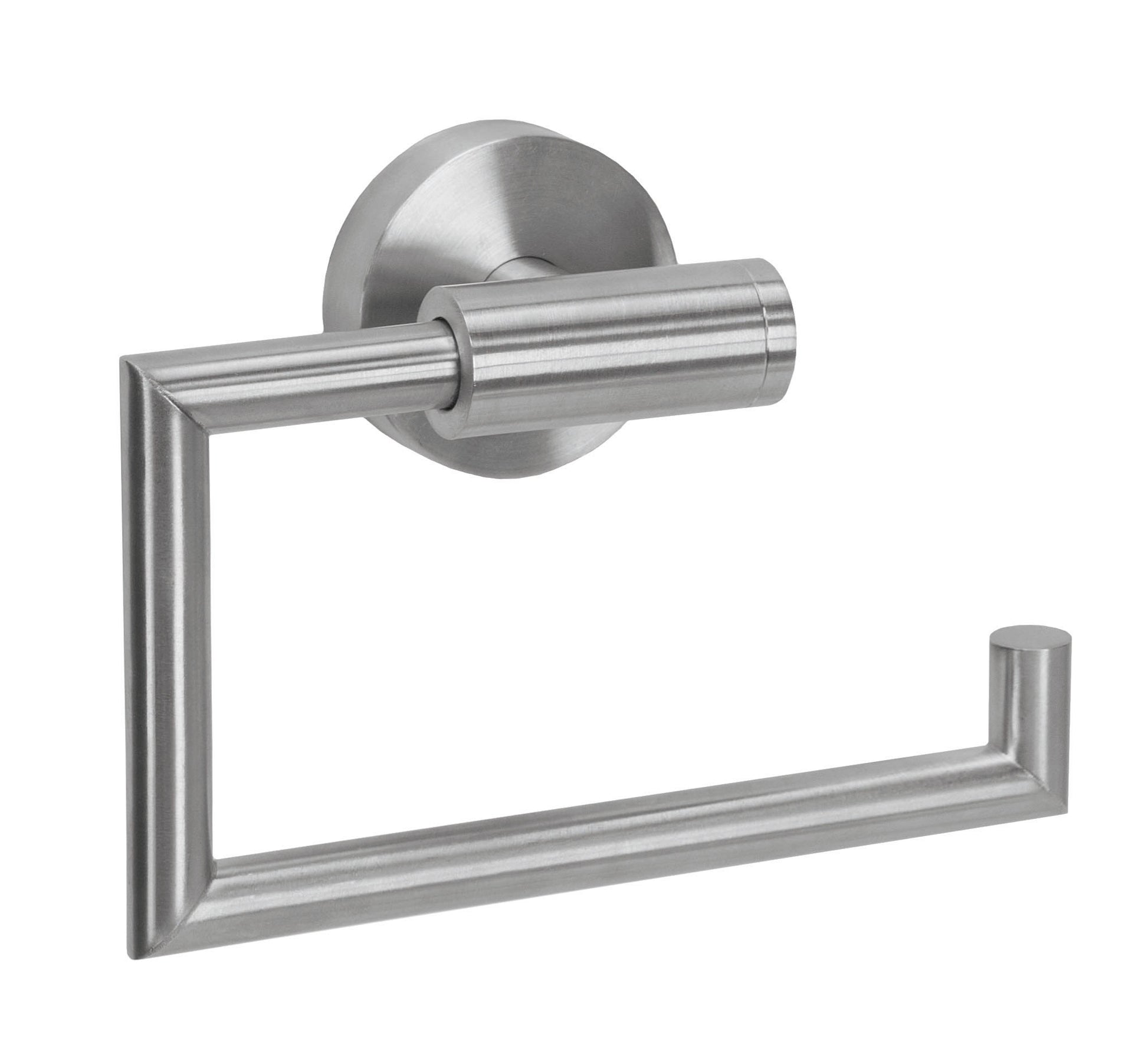 Rollenhalter ALLEGRA chromfarben ist an einer Badezimmerwand ohne Toilettenpapierrolle montiert.