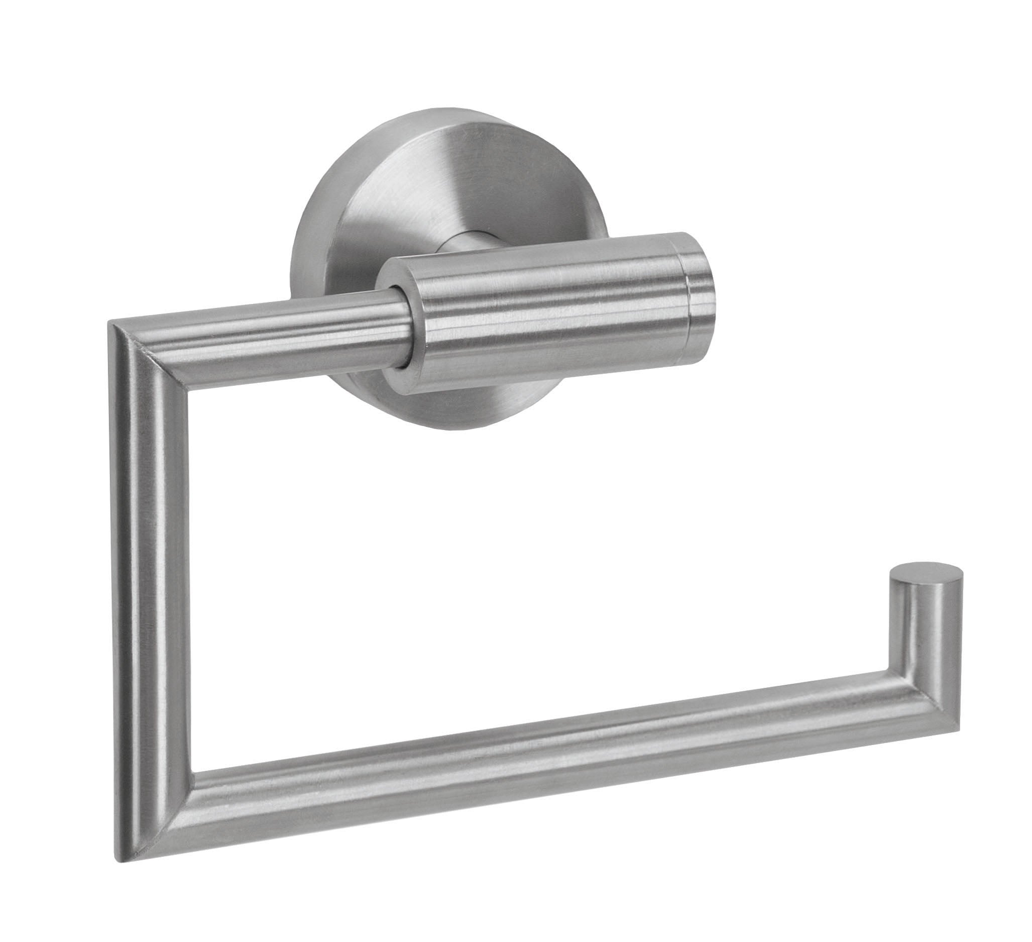 Rollenhalter ALLEGRA chromfarben ist an einer Badezimmerwand ohne Toilettenpapierrolle montiert.