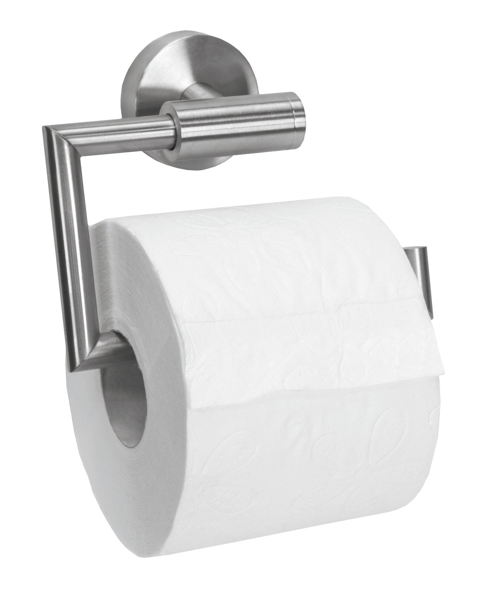 Rollenhalter ALLEGRA chromfarben hält eine weiße Toilettenpapierrolle an einer Badezimmerwand.