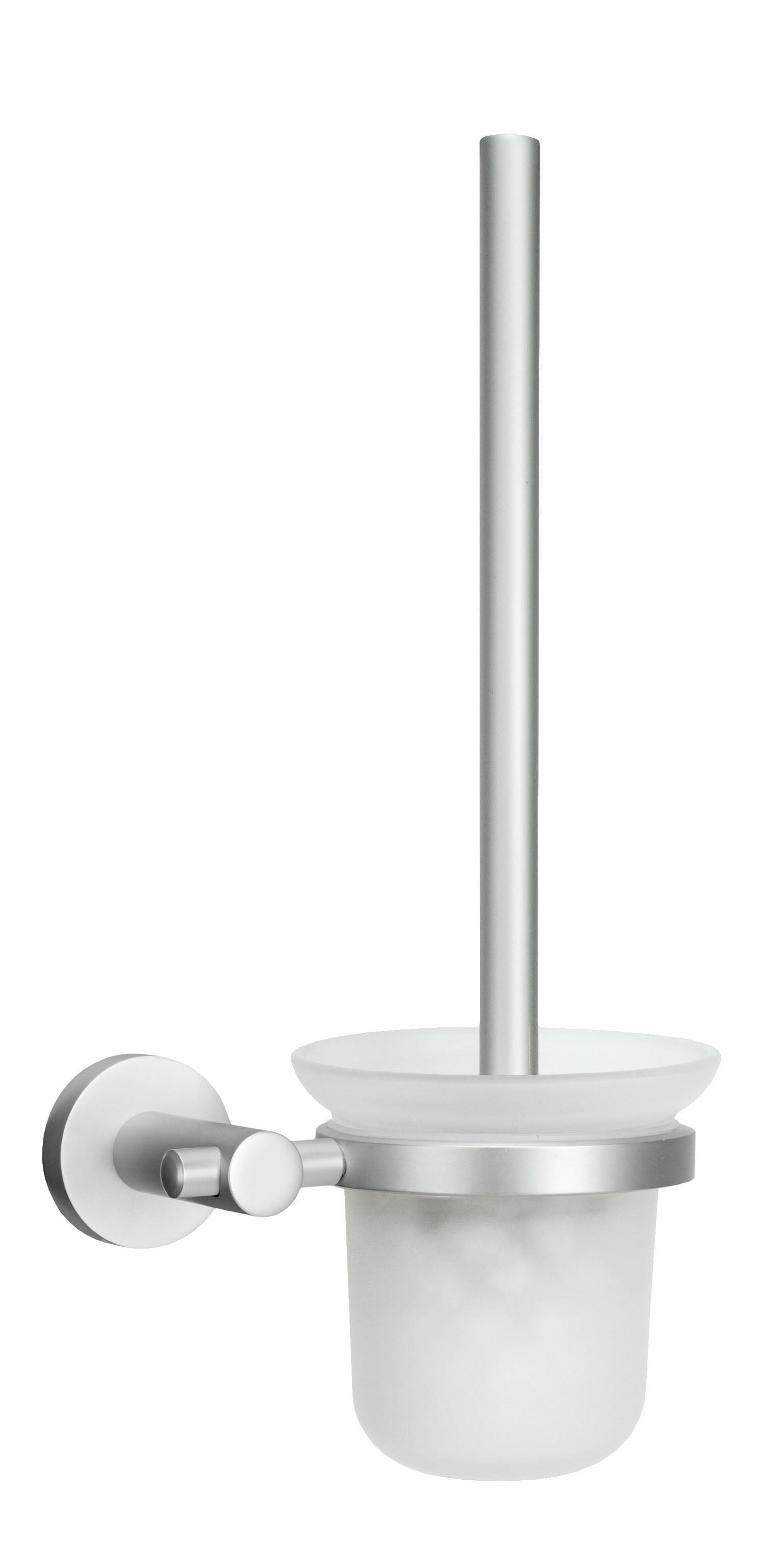 Wand-WC-Bürstenhalter APOLLO Milky aus satiniertem Glas und Metall vor weißem Hintergrund.