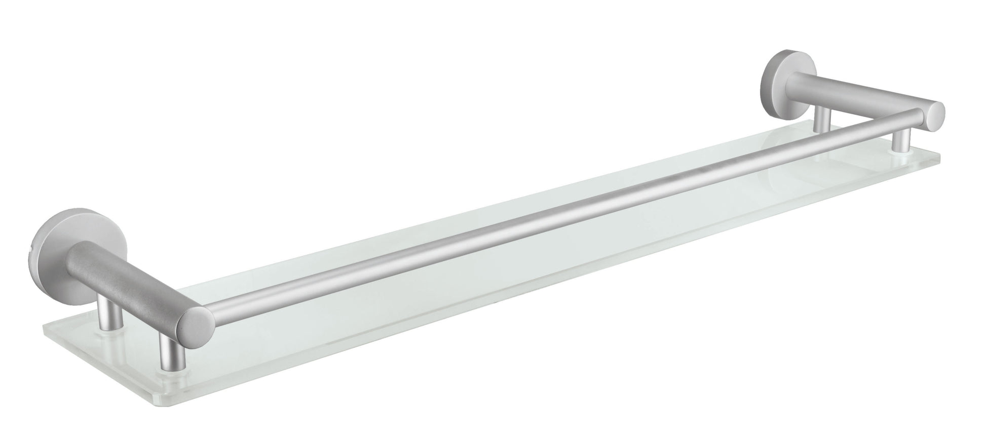 Glasablage APOLLO Milky mit satiniertem Glasboden und Reling aus Metall vor weißem Hintergrund.