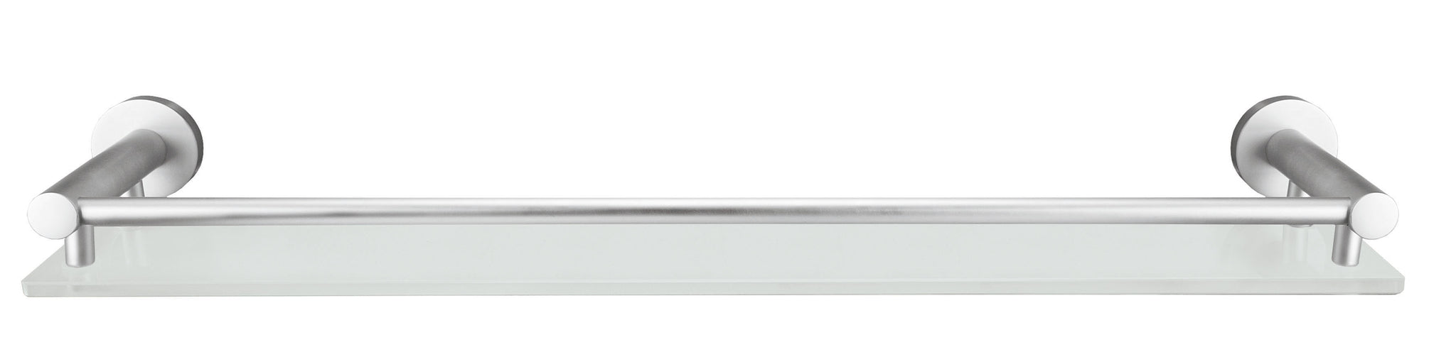 Die Glasablage APOLLO Milky aus satiniertem Glas und Metallhalterungen ist frontal zu sehen.