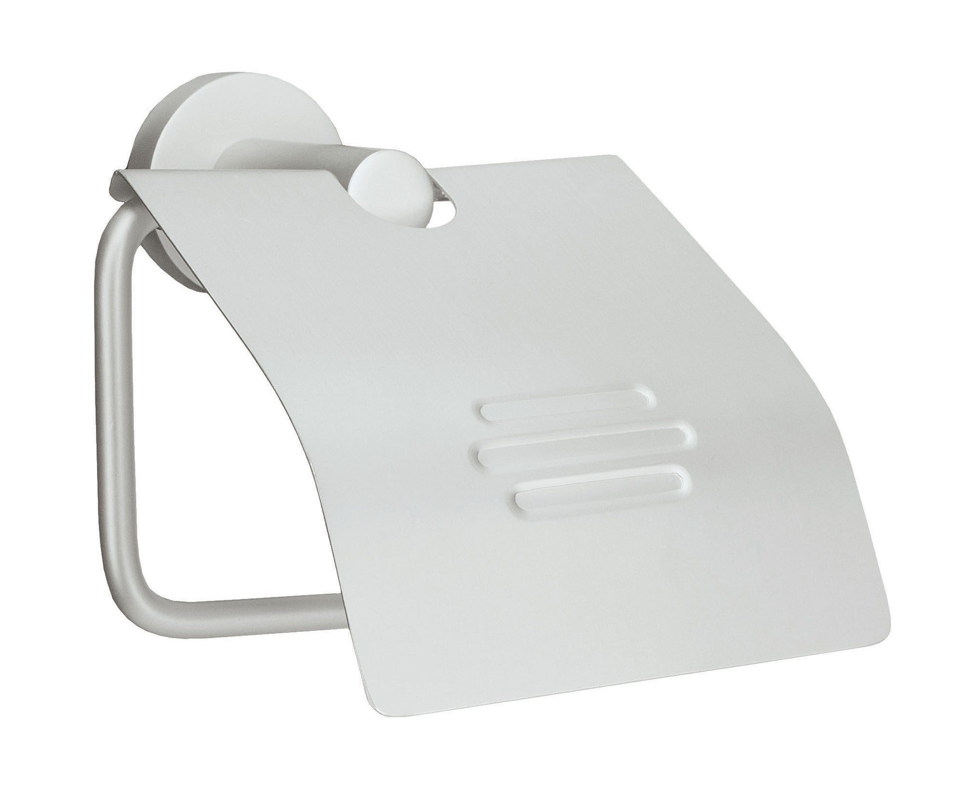 Rollenhalter mit Deckel APOLLO aus Aluminium vor weißem Hintergrund.