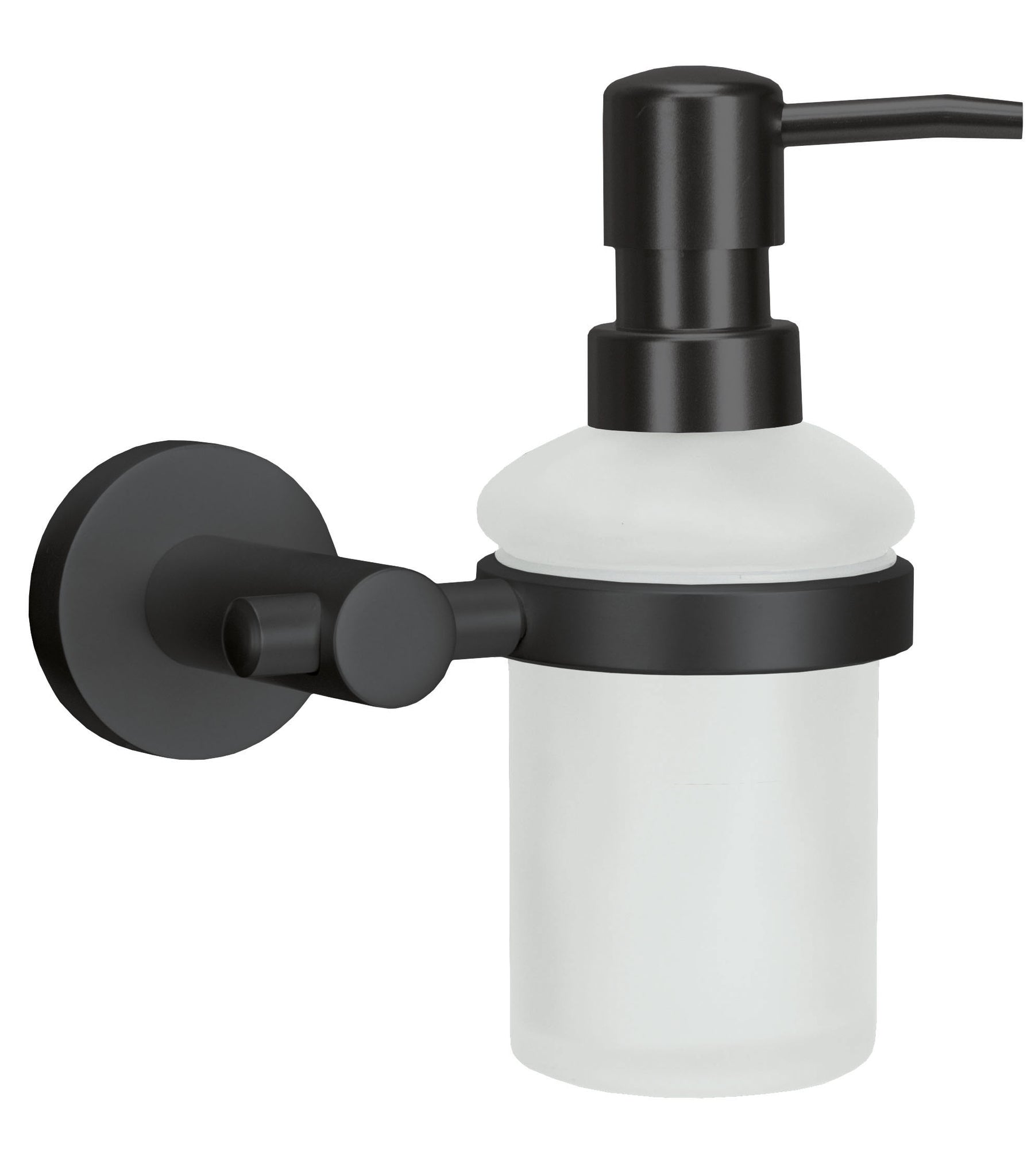 Wand-Seifenspender APOLLO NERO Milky aus schwarzem Metall und mattem Glas an der Wand montiert.