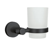 Wand-Zahnputzbecher APOLLO NERO Milky mit mattschwarzer Halterung und Milchglasbecher an der Wand.