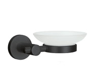 Wand-Seifenschale APOLLO NERO Milky mit schwarzem Halter und milchiger Glasschale an der Wand.