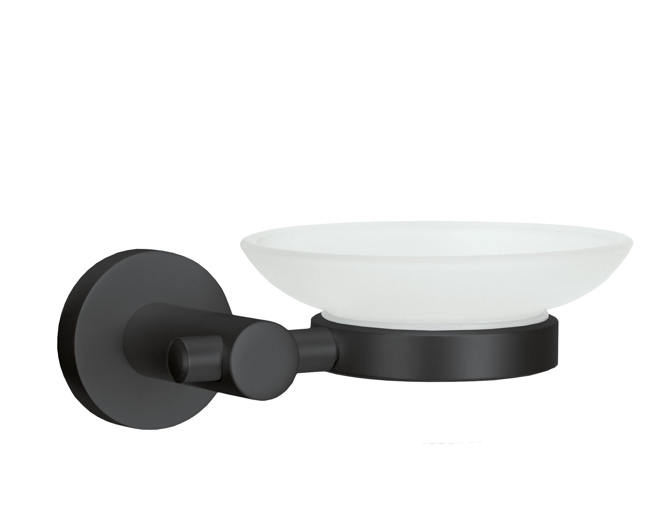 Wand-Seifenschale APOLLO NERO Milky mit schwarzem Halter und milchiger Glasschale an der Wand.