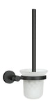 Schwarze WC-Bürste mit Wandhalterung und Becher aus Milchglas matt