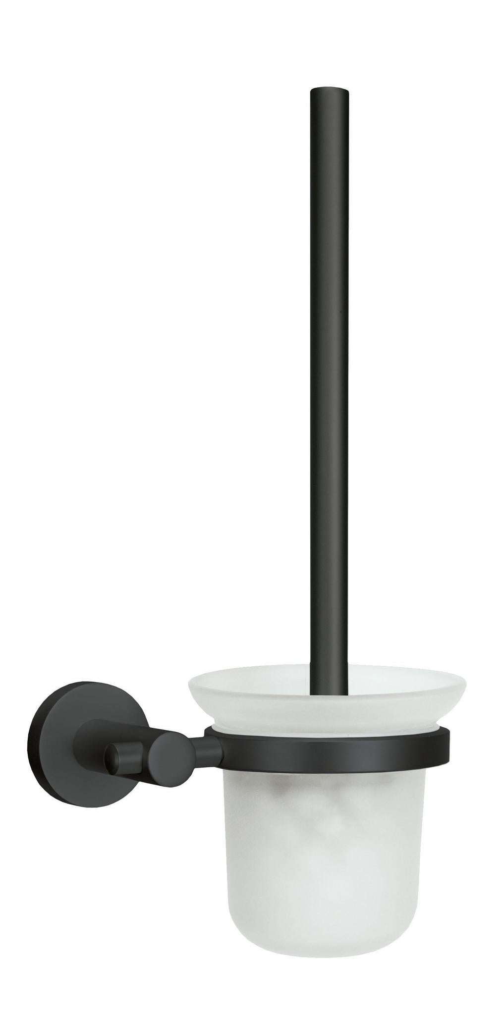 Schwarze WC-Bürste mit Wandhalterung und Becher aus Milchglas matt