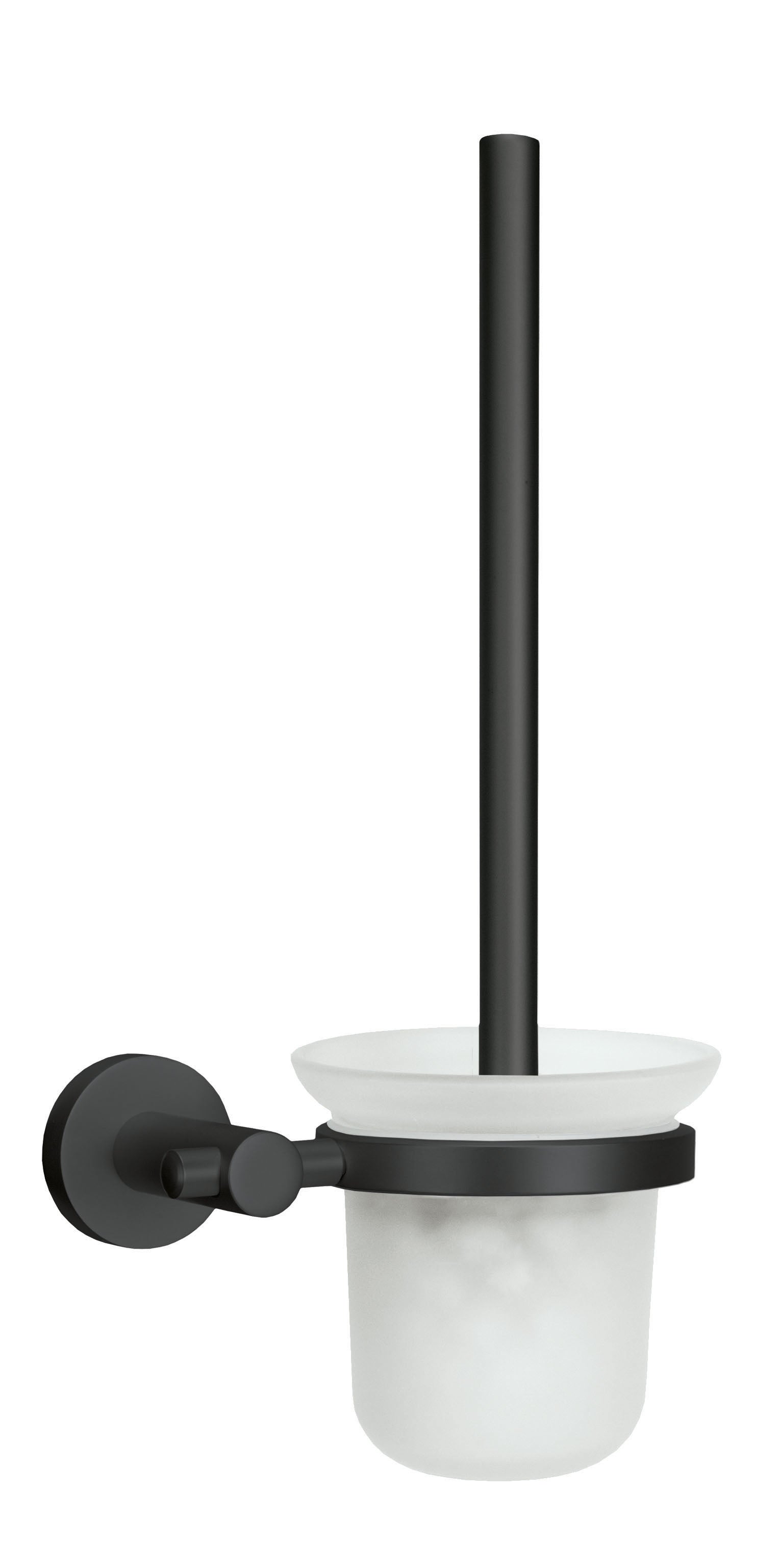 Wand-WC-Bürstenhalter APOLLO NERO Milky in Schwarz mit rundem Milchglasbehälter vor weißem Hintergrund.