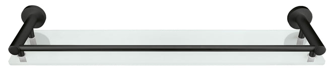 Schwarzes Badregal mit Glasablage und Reling zur Wandmontage vorne