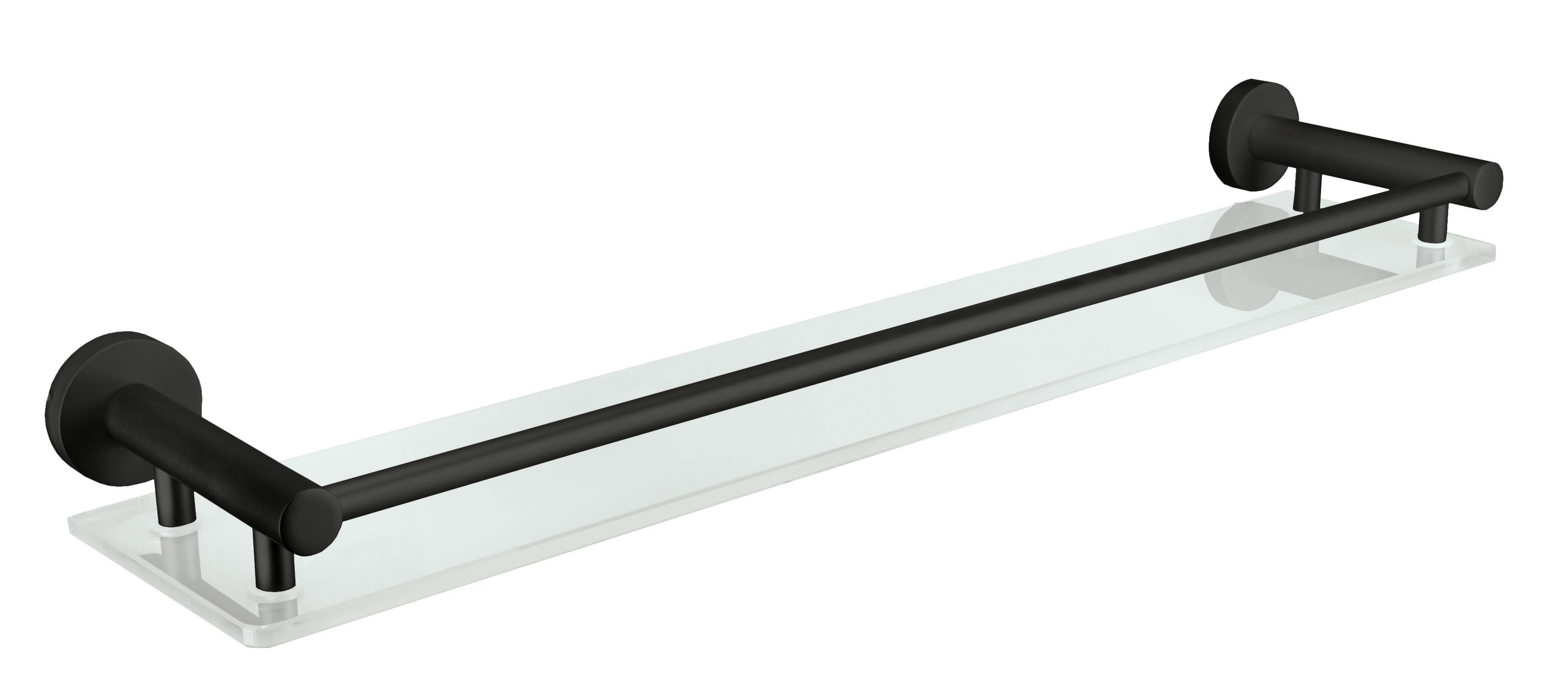 Glasablage APOLLO NERO Milky mit klarer Ablagefläche und schwarzer Reling vor weißem Hintergrund.