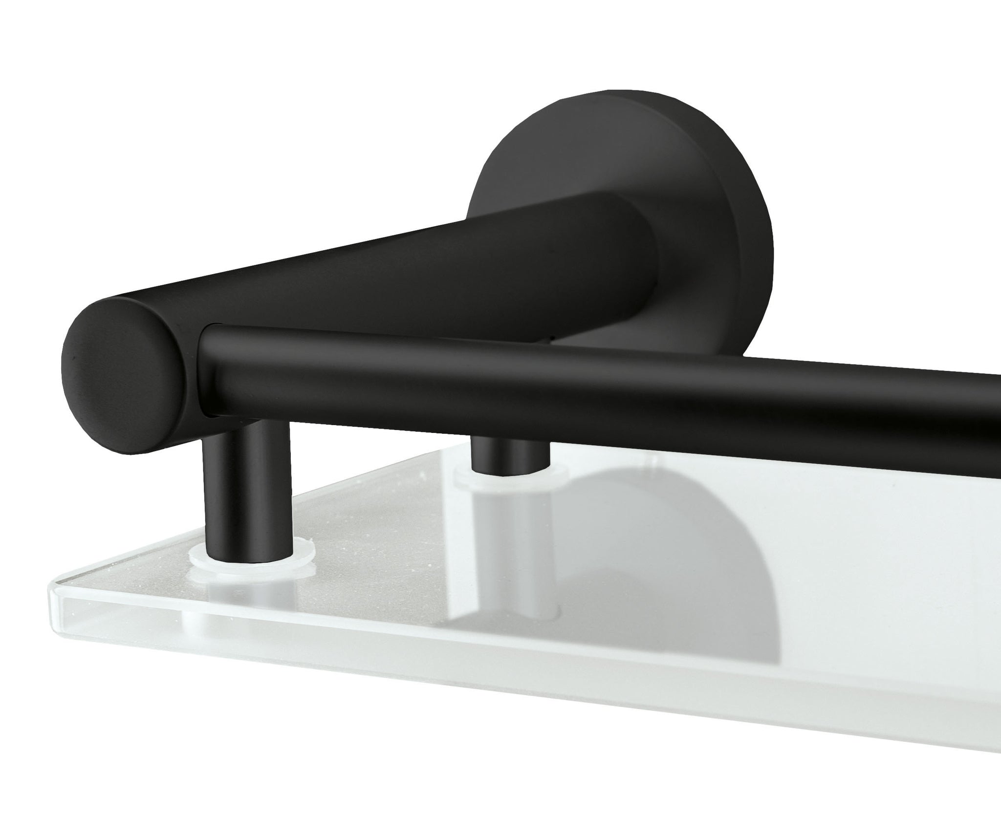 Glasablage APOLLO NERO Milky mit schwarzer Halterung in Nahaufnahme im modernen Bad.