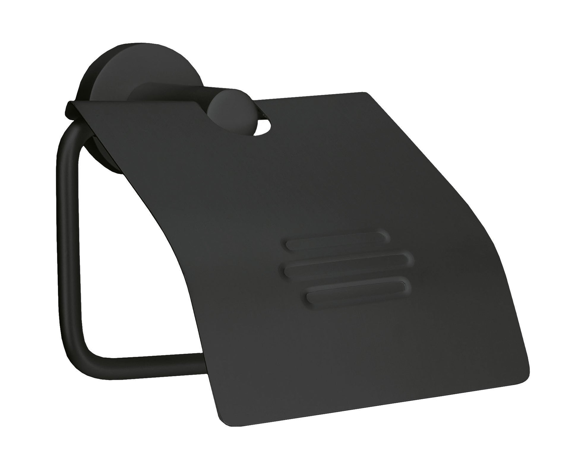 Rollenhalter mit Deckel APOLLO NERO Schwarz aus Metall vor weißem Hintergrund.