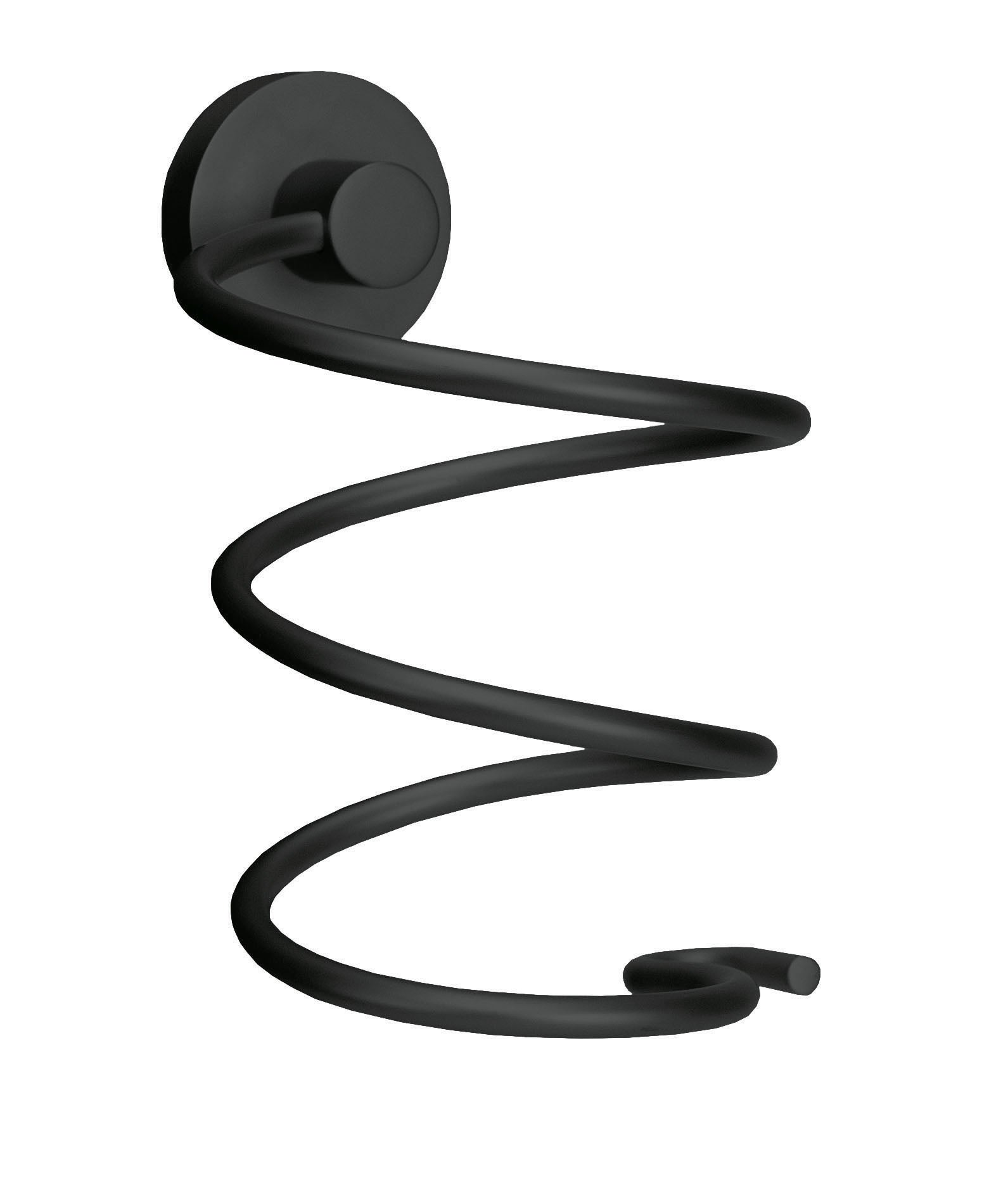 Schwarzer Fönhalter APOLLO NERO in Spiralform ist an einer Wand im Bad montiert.