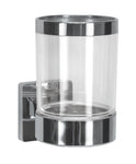 Transparenter Zahnputzbecher mit Wandhalterung aus verchromtem Metall