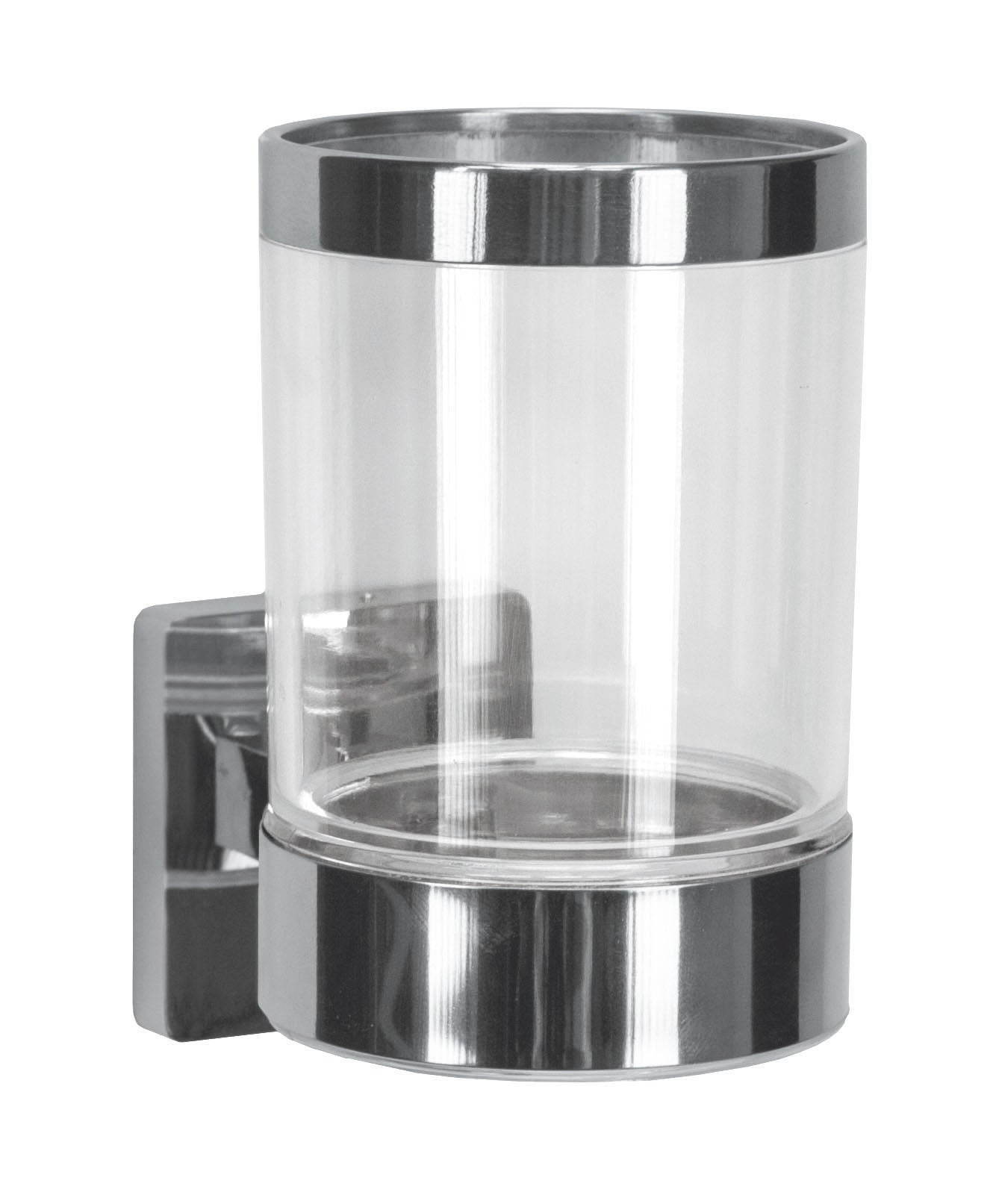 Der Wand-Zahnputzbecher LUNO Clear aus Glas und Metall ist frontal an der Wandhalterung zu sehen.