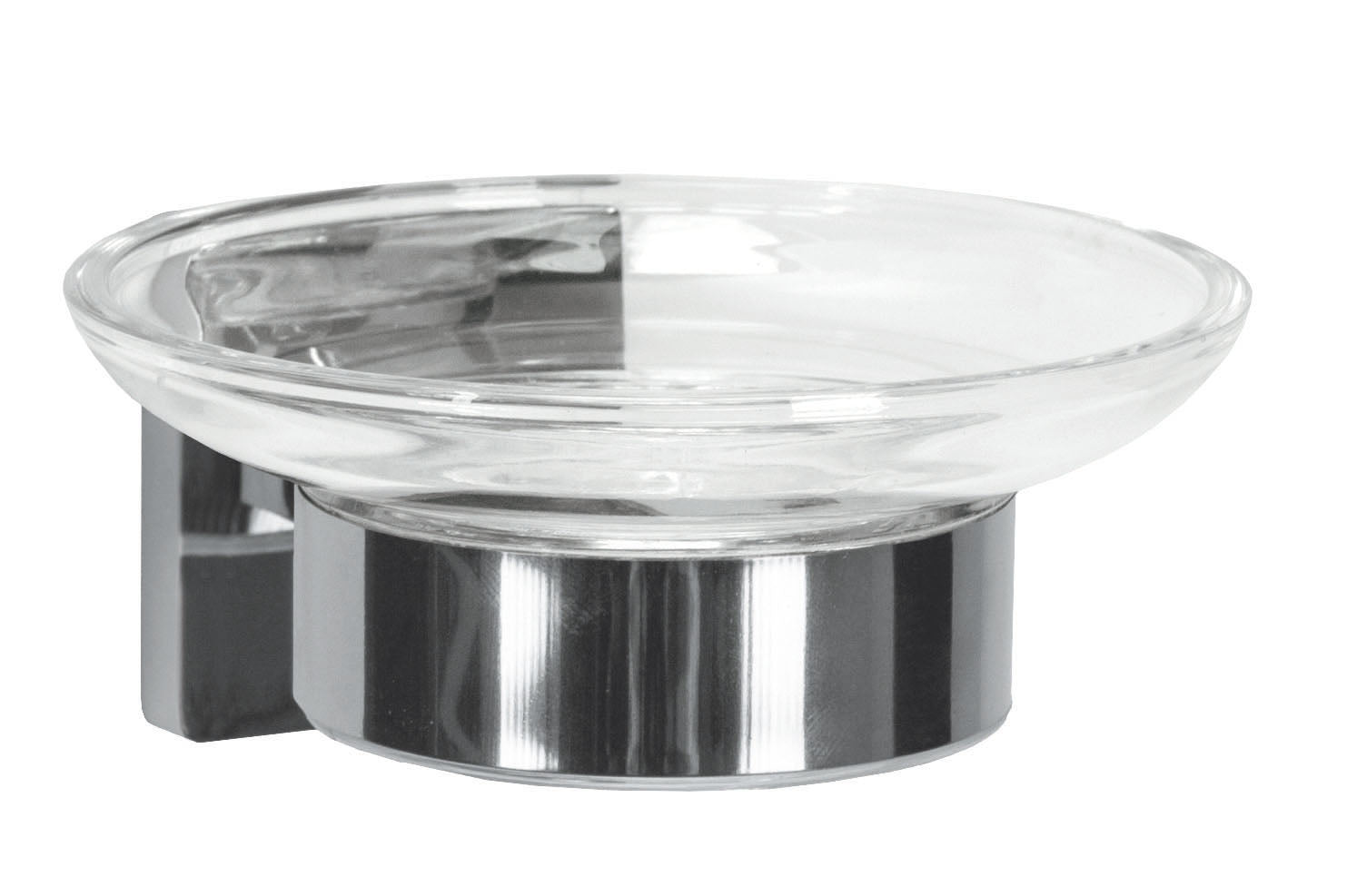 Wand-Seifenschale LUNO Clear mit rundem Glas-Teller in verchromter Halterung ist nah zu sehen.