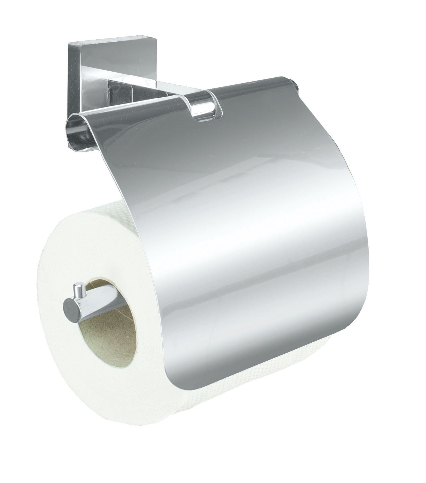 Rollenhalter mit Deckel LUNO in Silberfarben hält eine Toilettenpapierrolle an der Badezimmerwand.