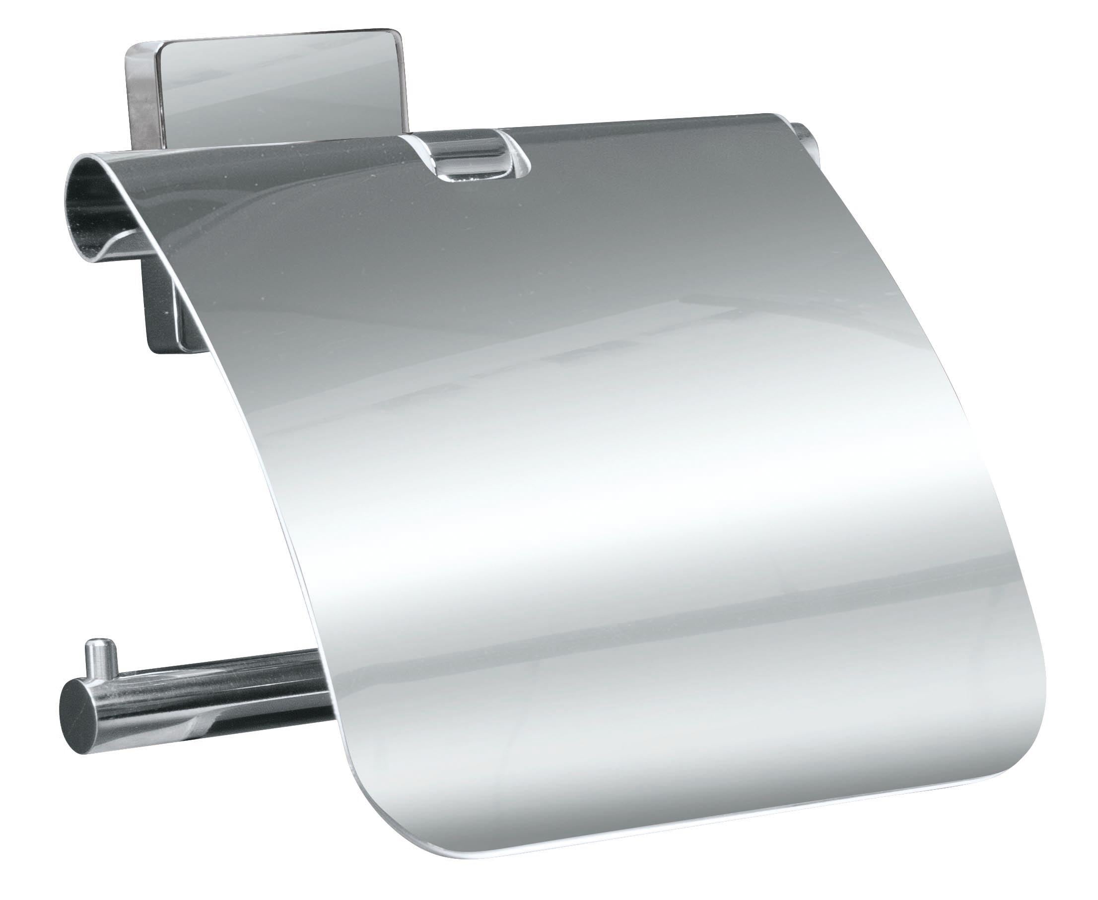 Rollenhalter mit Deckel LUNO Silberfarben hängt glänzend an einer Badezimmerwand.