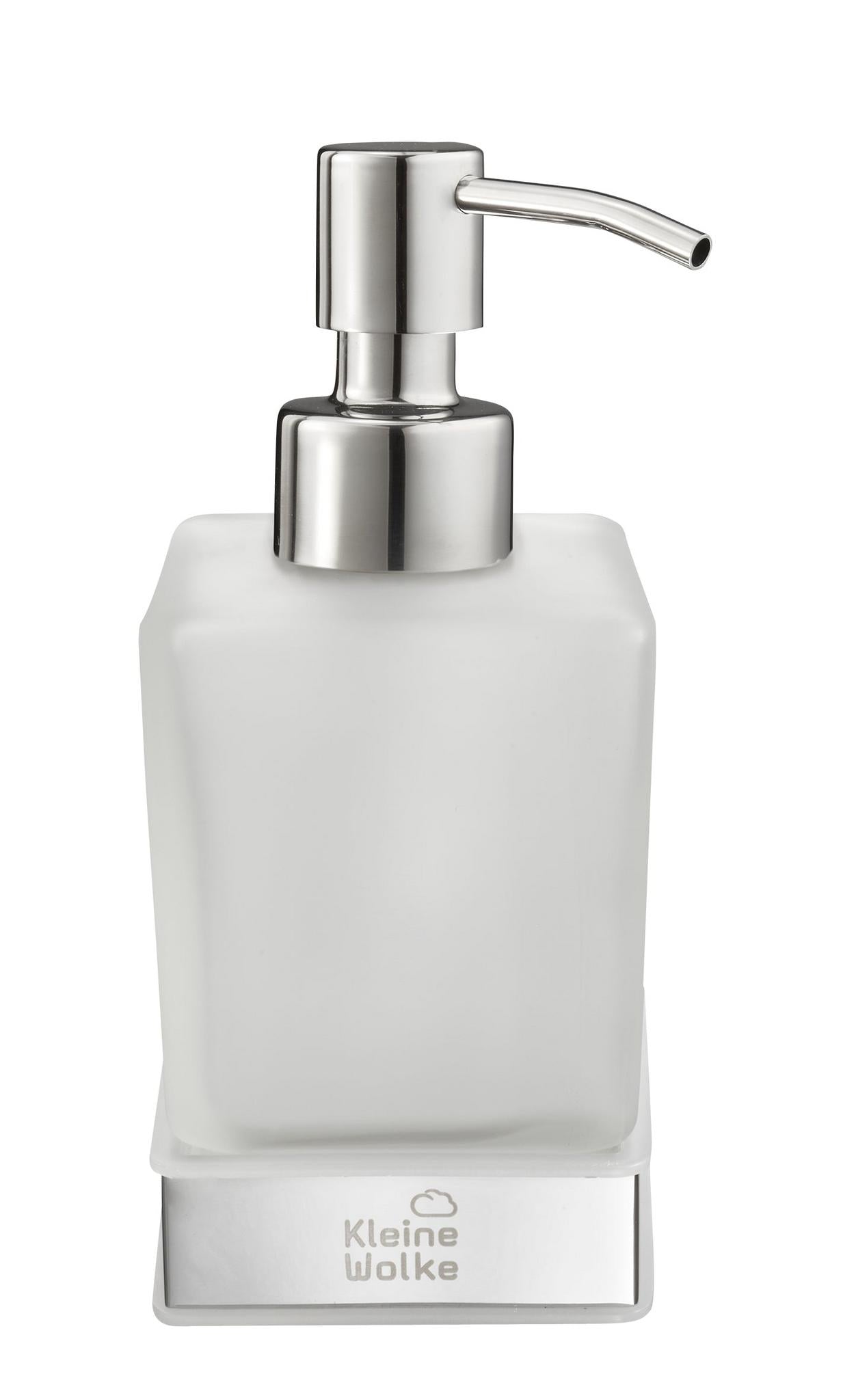 Eleganter eckiger Seifenspender aus satiniertem Glas mit Chrom-Pumpkopf