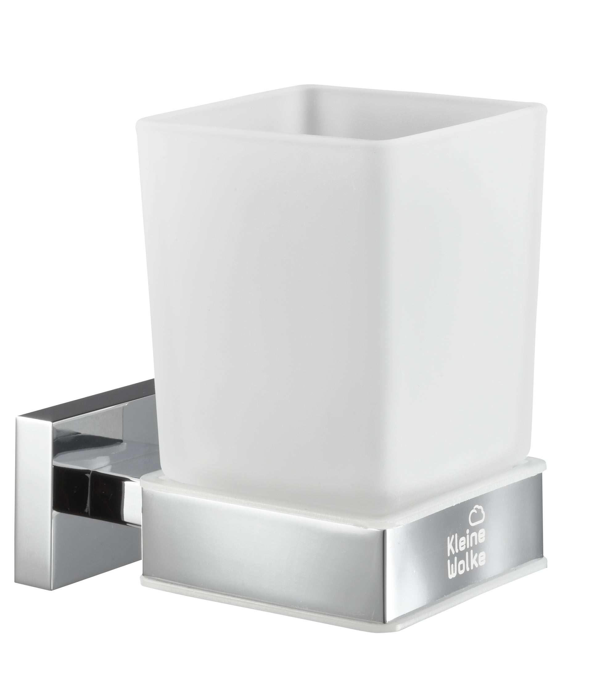 Wandhalterung aus Chrom mit eckigem weiß mattem Zahnputzbecher aus Glas
