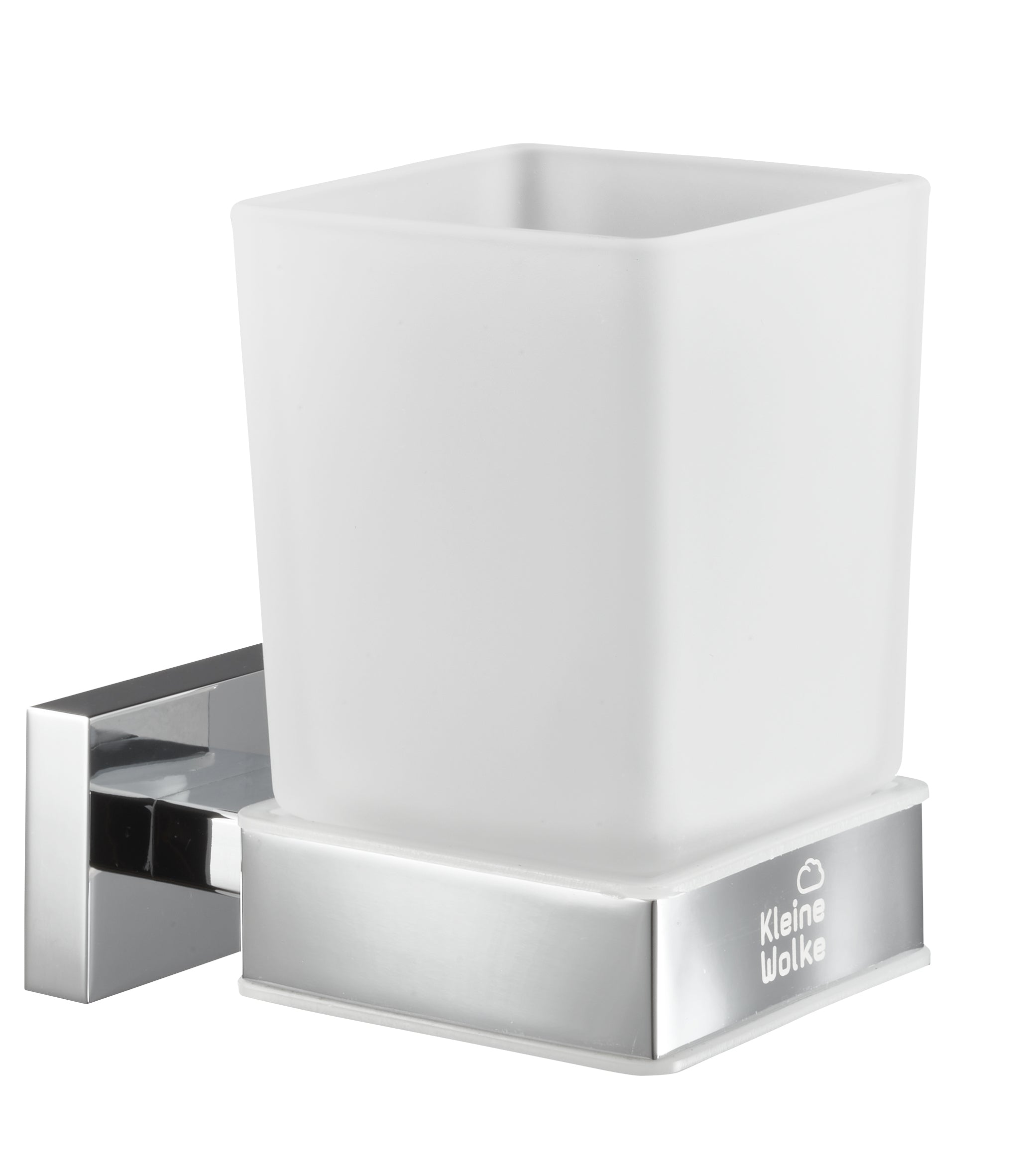 Wandhalterung aus Chrom mit eckigem weiß mattem Zahnputzbecher aus Glas
