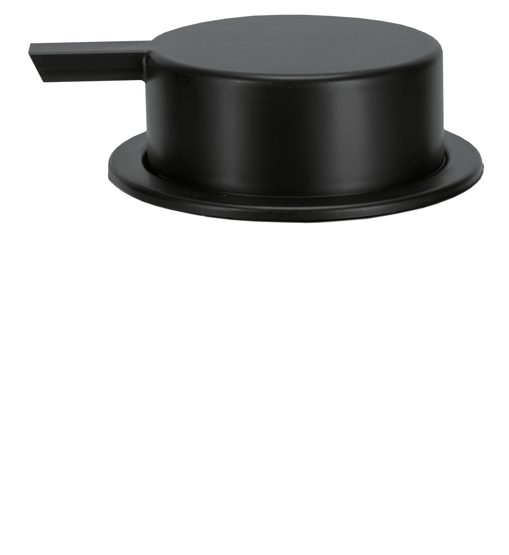 Ersatz-Spenderpumpe BONNY Schwarz liegt waagerecht auf weißem Hintergrund und zeigt die flache Oberseite.