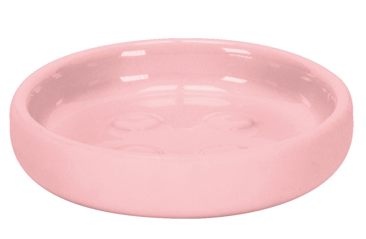 Runde Seifenschale ECLIPSE in Pastellrose liegt leer vor weißem Hintergrund.