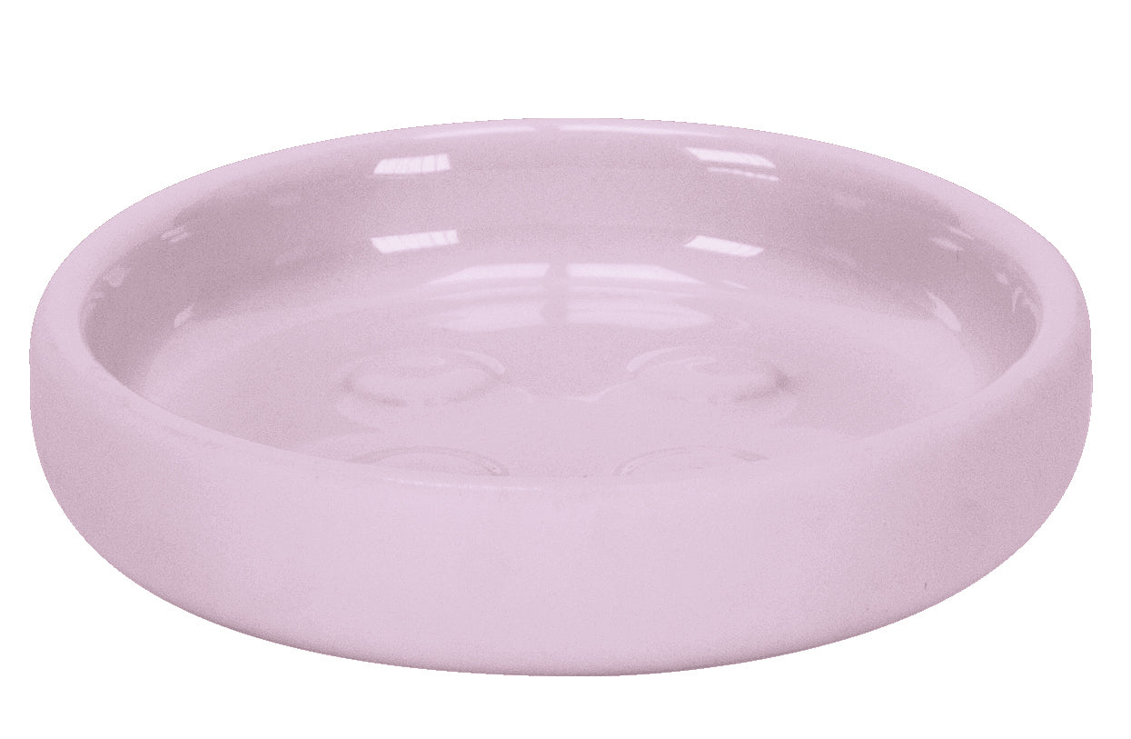 Runde Seifenschale ECLIPSE Erika aus Keramik in zartem Rosa, von schräg vorne fotografiert.