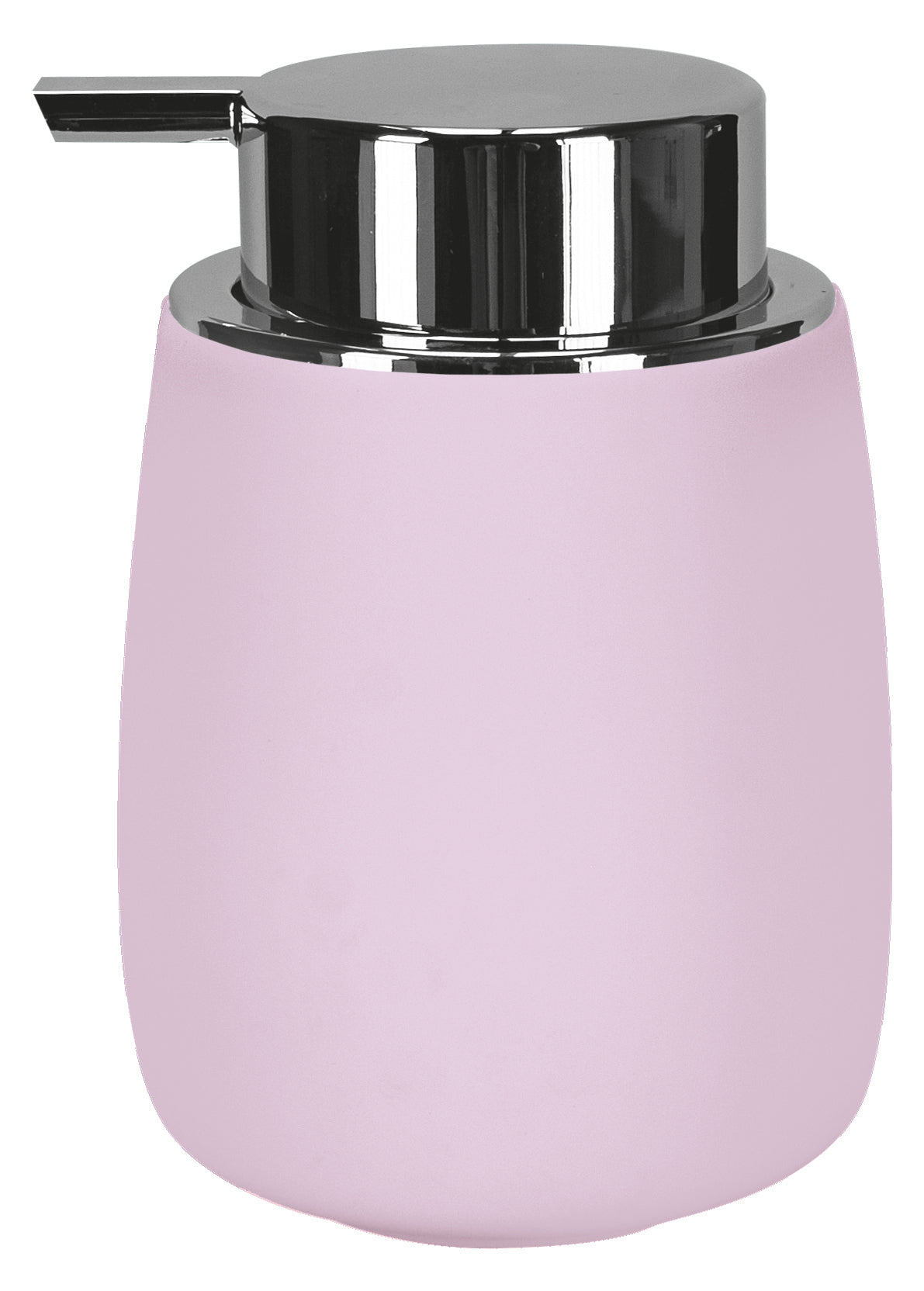 Seifenspender ECLIPSE Erika in Rosa mit glänzendem Chrom-Pumpkopf steht freigestellt vor weißem Hintergrund.