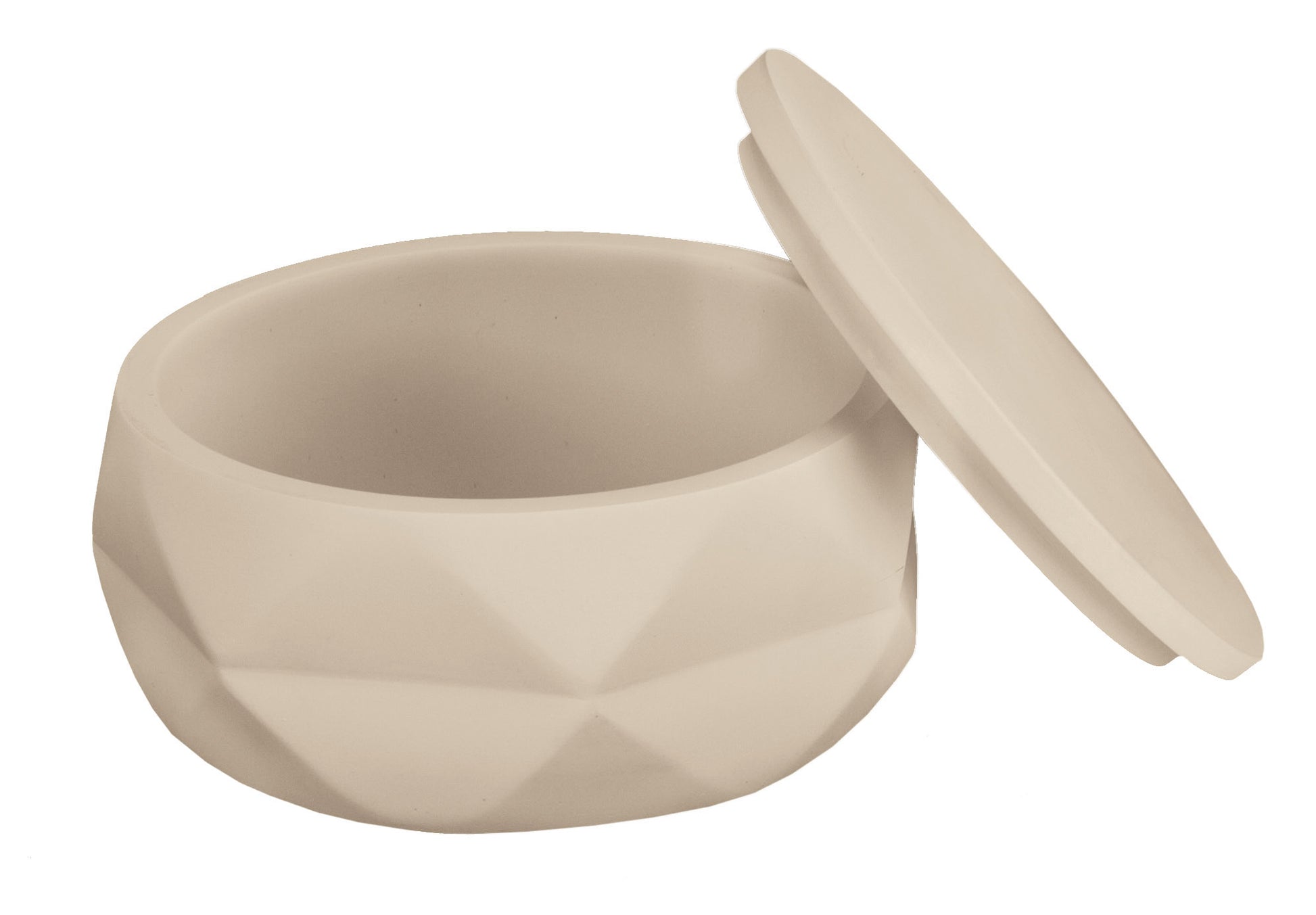 Runde, beige Aufbewahrungsdose mit abgenommenem Deckel aus Keramik gefertigt