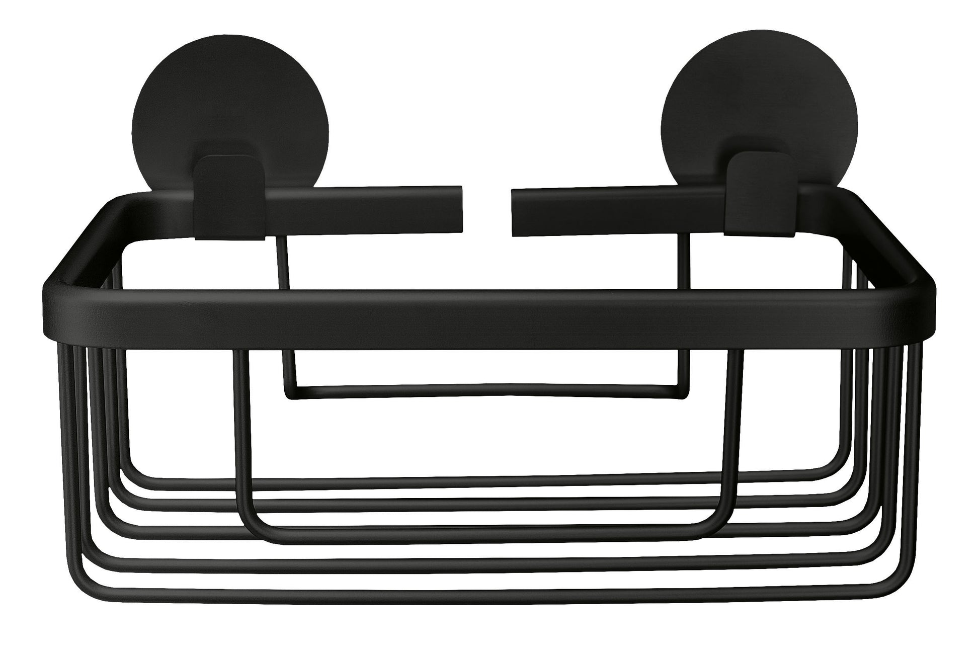 Rechteckiger schwarzer Korb ROCCO mit Wandhalterung aus Metall von vorne dargestellt.