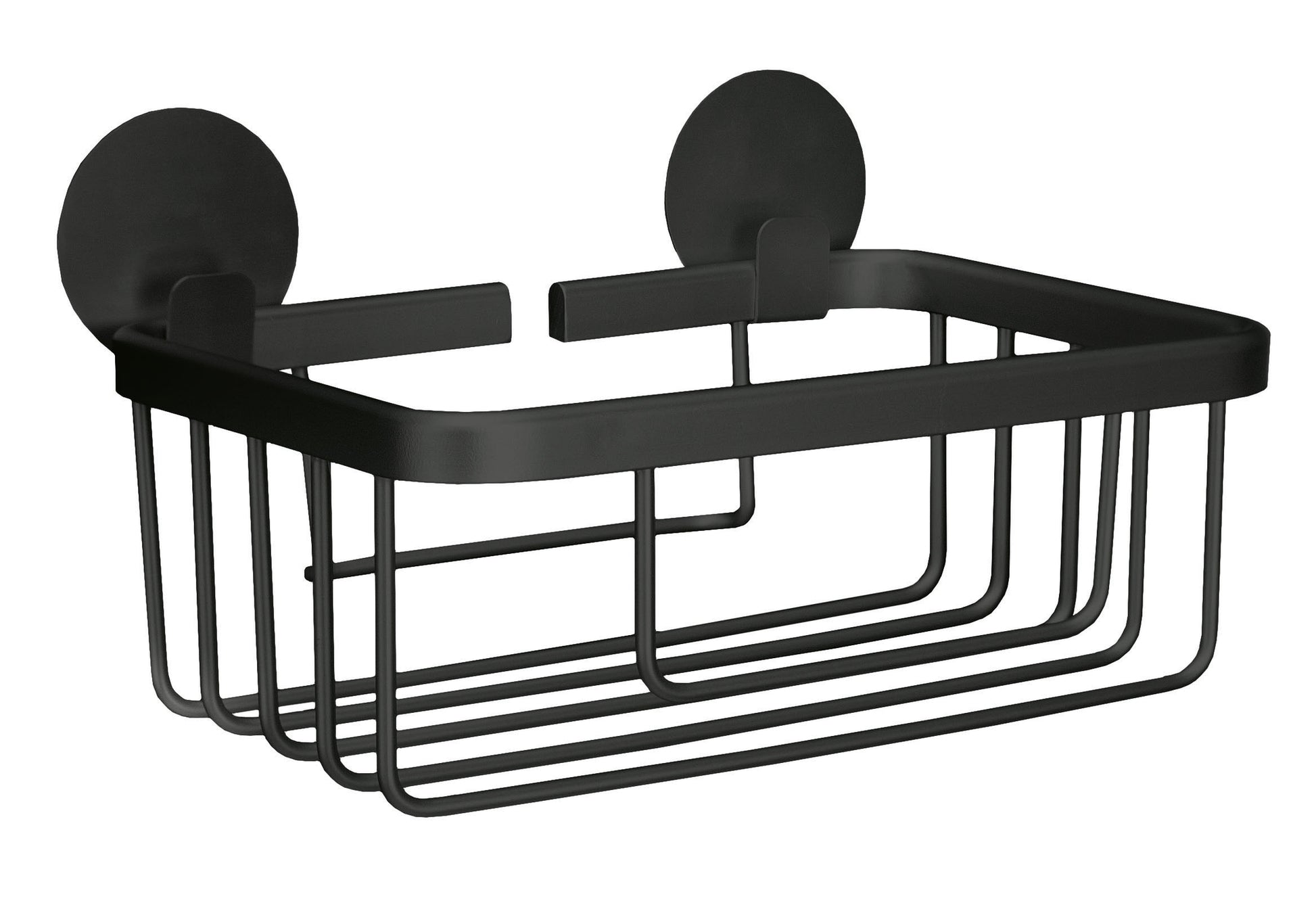 Rechteckiger Korb ROCCO Schwarz mit Wandhalterung vor weißem Hintergrund.