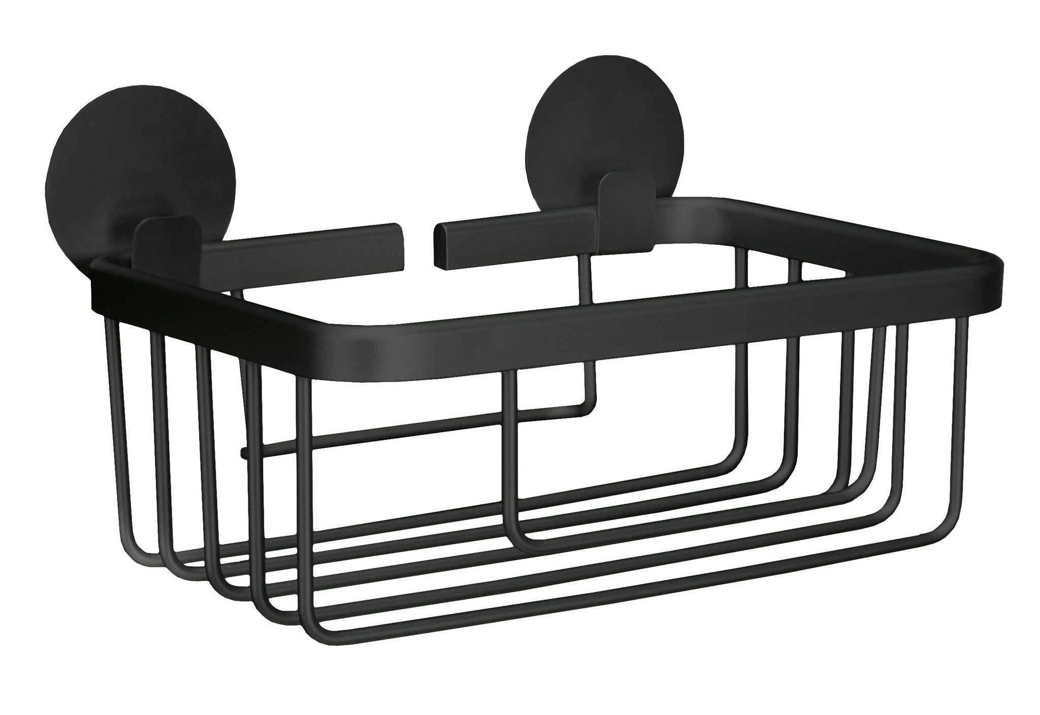 Rechteckiger Korb ROCCO Schwarz mit Wandhalterung vor weißem Hintergrund.