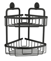 Doppelkorb dreieckig ROCCO Schwarz als zweistöckiges, schwarzes Badeckregal vor weißem Hintergrund.