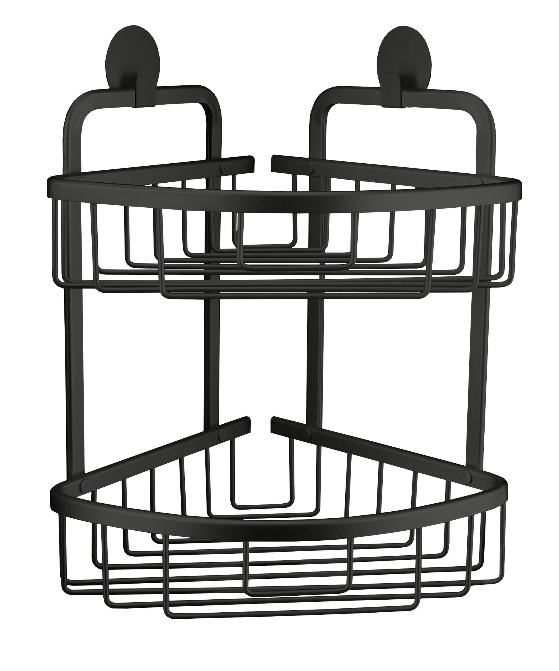 Doppelkorb dreieckig ROCCO Schwarz als zweistöckiges, schwarzes Badeckregal vor weißem Hintergrund.