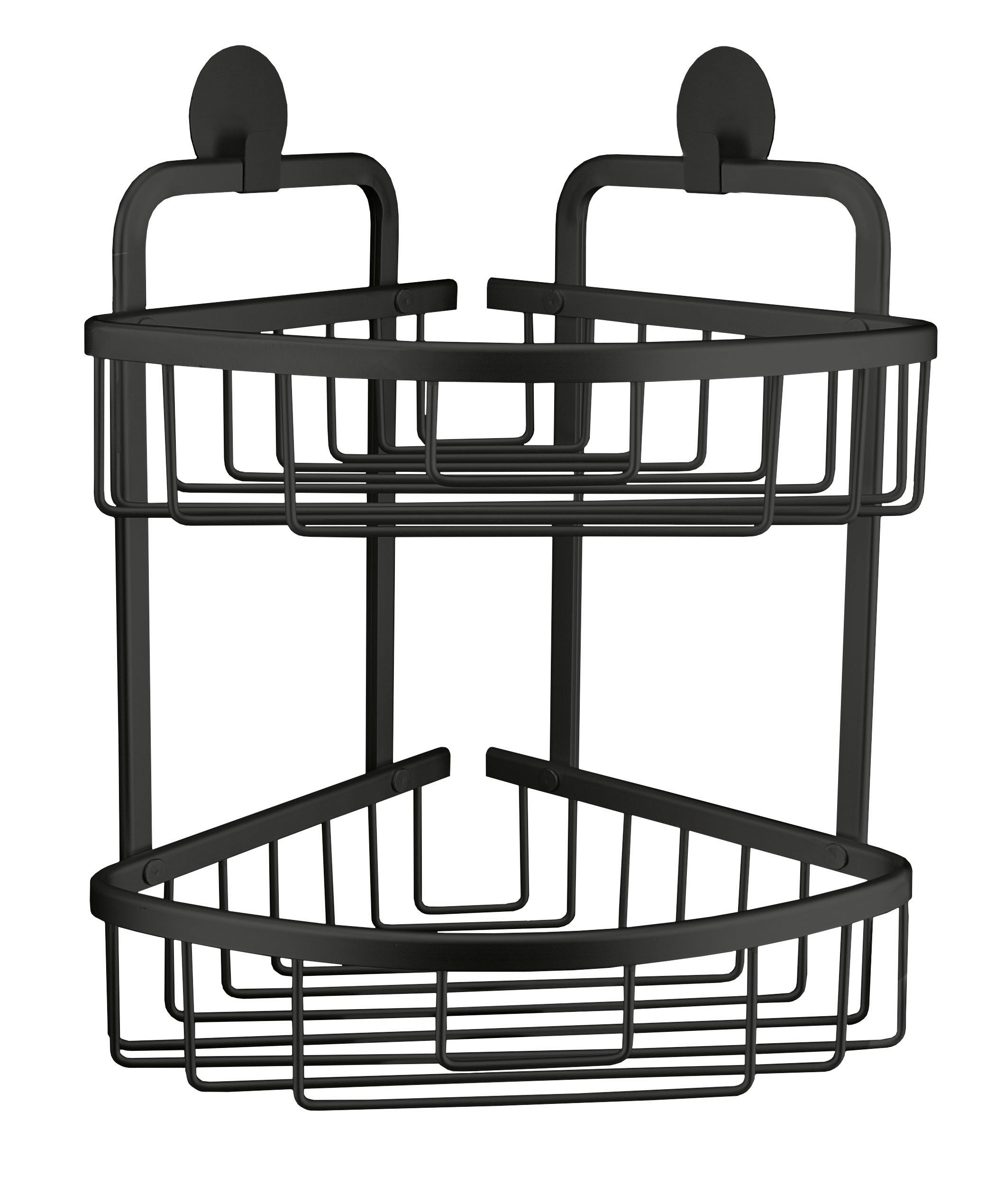 Doppelkorb dreieckig ROCCO Schwarz als zweistöckiges, schwarzes Badeckregal vor weißem Hintergrund.