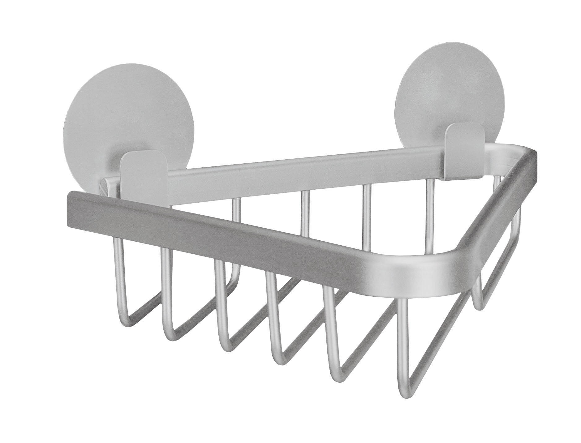 Dreieckiger Duschkorb ROCCO aus Aluminium ist an der Wand mit zwei Saugtellern befestigt.