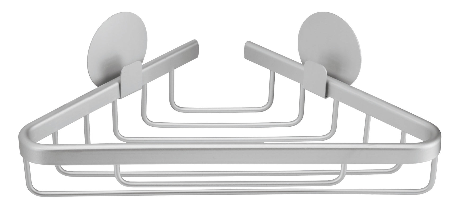 Dreieckiger Aluminiumkorb ROCCO mit runden Wandhaltern in Frontansicht.