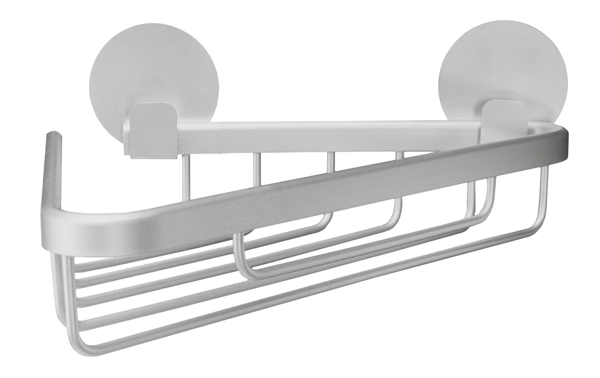 Dreieckiger Korb ROCCO aus Aluminium ist leer an einer hellen Wand montiert.