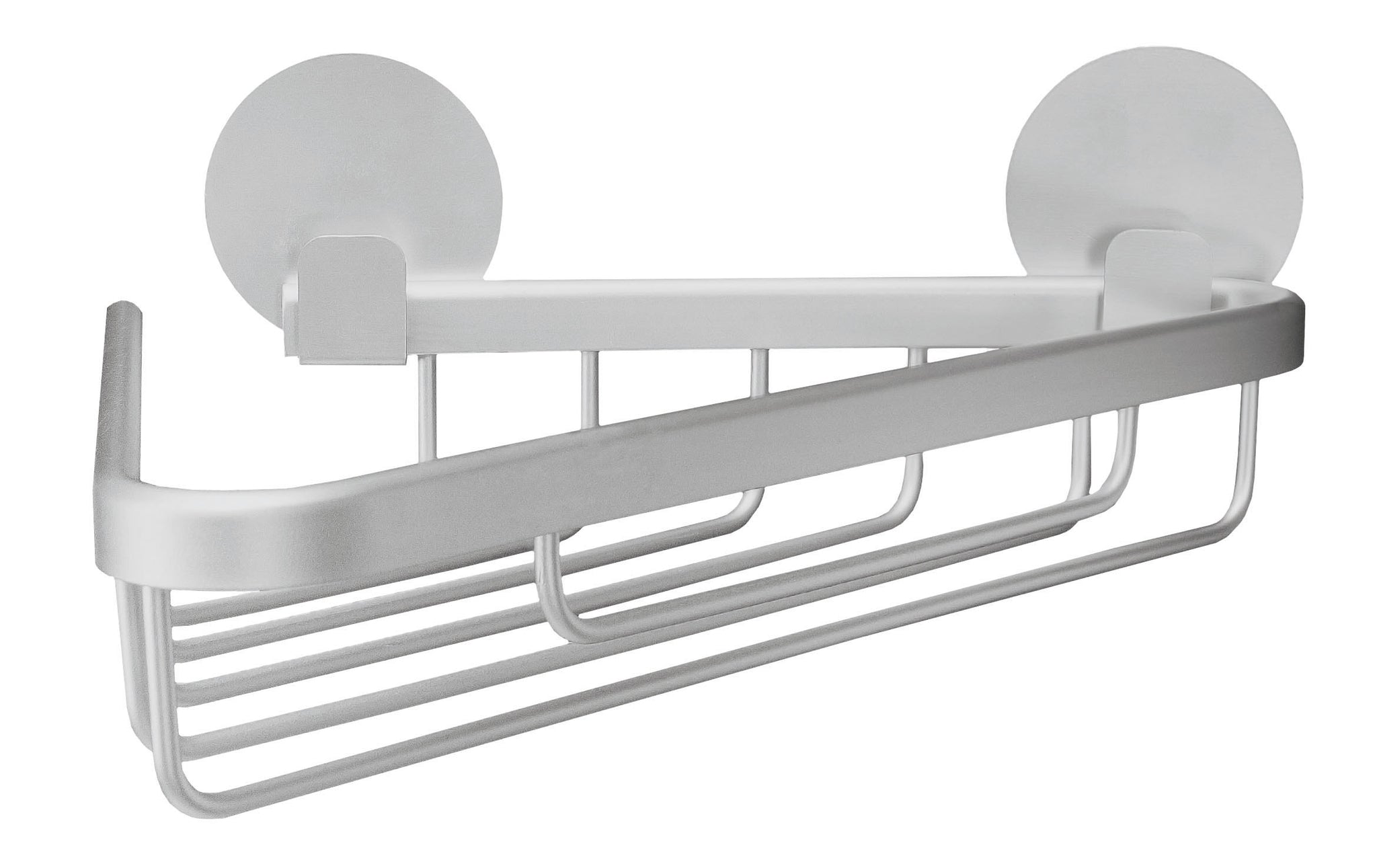 Dreieckiger Korb ROCCO aus Aluminium ist leer an einer hellen Wand montiert.